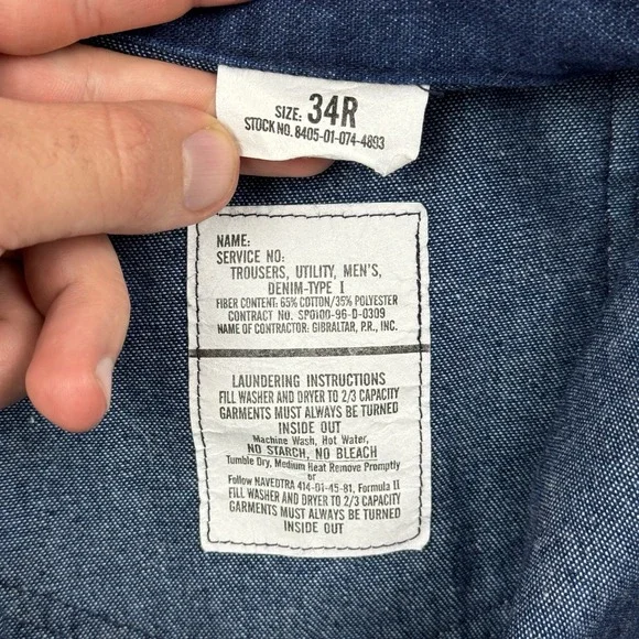 Vintage US Navy Jeans Men 34R (32x28) Blue Trouser Utility Denim Type I Military